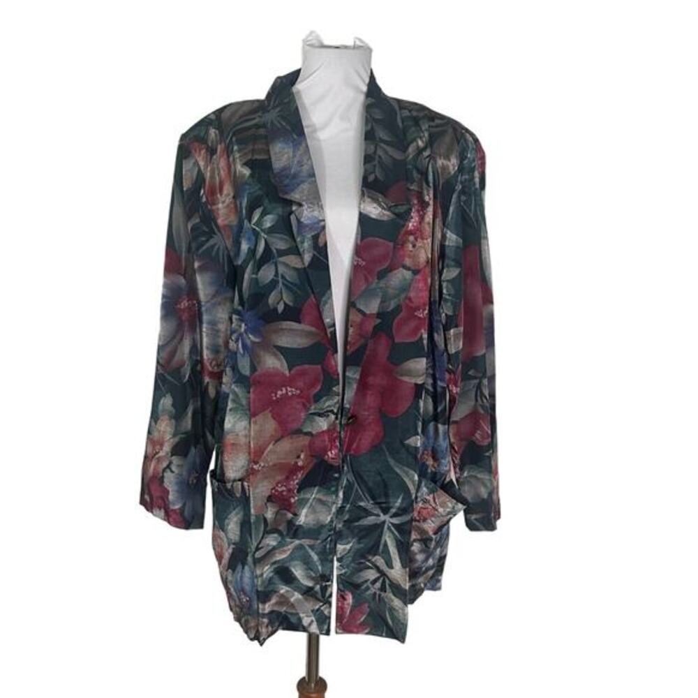 Vintage 1980s Barrie Stephens Shiny Floral Lightweight Blazer LArge 12